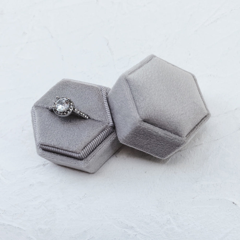 Grey Hexagonal Velvet Ring Boxes • Holder • Wedding decor
