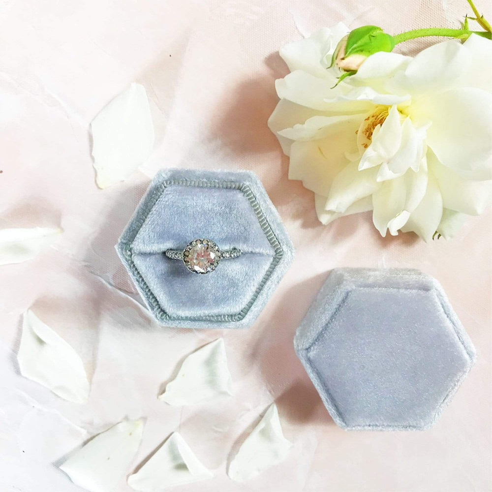 Pale Blue Hexagonal Velvet Ring Boxes - Holder
