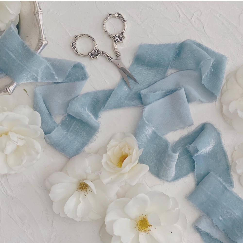 Dusty Blue Silk Velvet Ribbon • Wedding decor