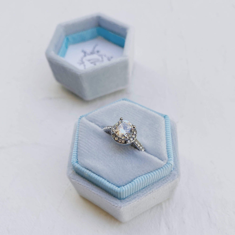 Pale Blue Hexagonal Velvet Ring Boxes