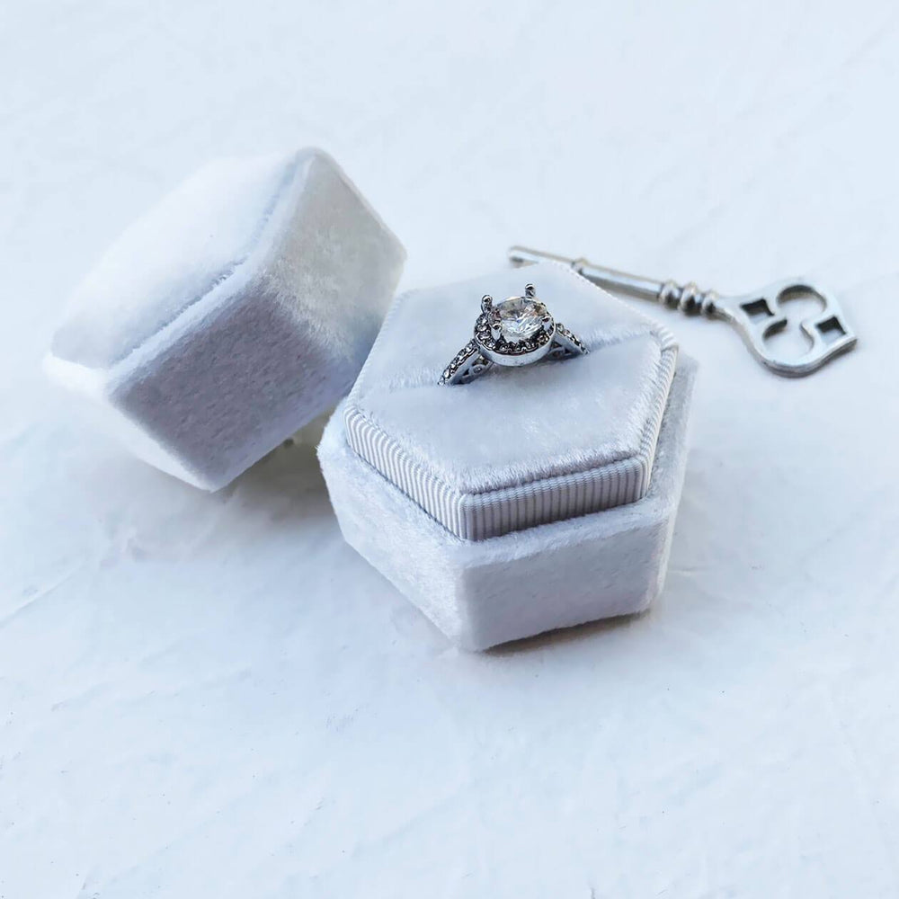 White Hexagonal Velvet Ring Boxes